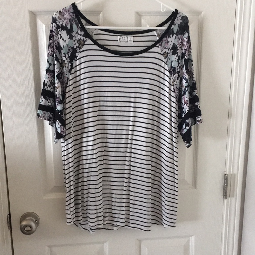 Black & white striped tee with floral sleeves